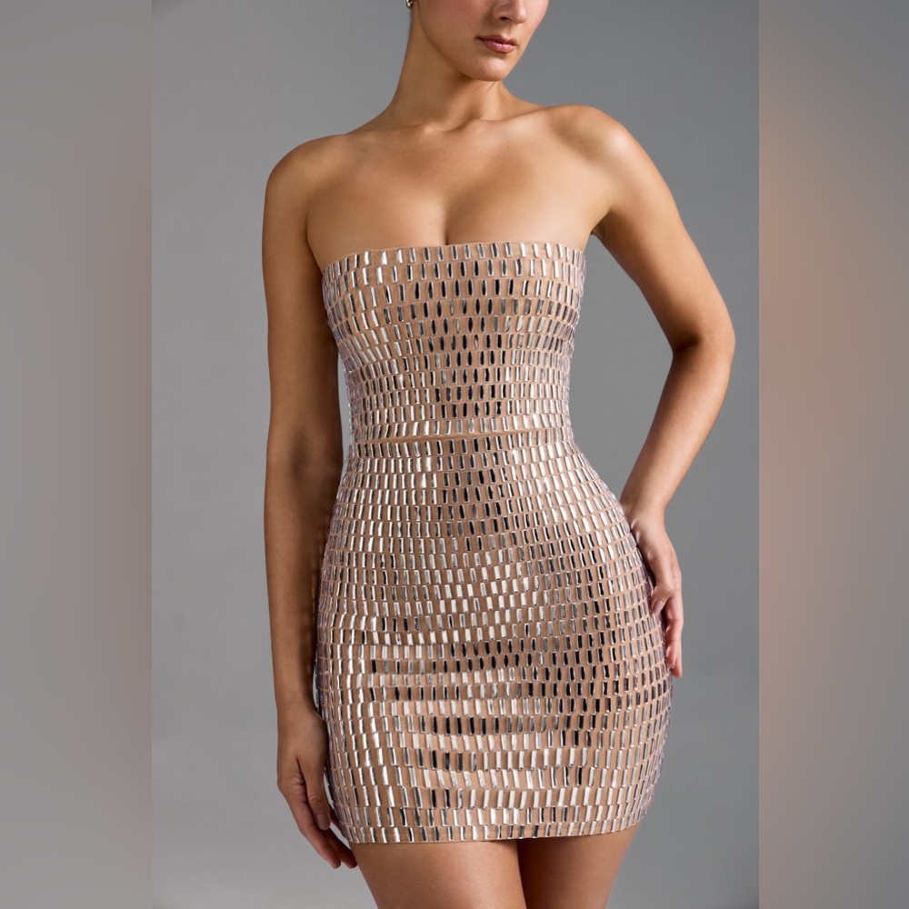Oh Polly 🌸 Aurora Embellished Bandeau Mini Dress in Almond - NWT - Small/4 - Picture 4 of 6